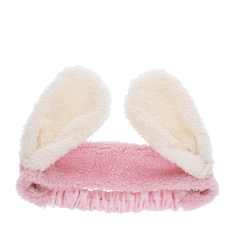 Pink plush fabric hairband with soft white bunny ears.