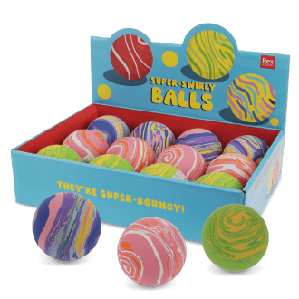 Display box of colourful marbled bouncy balls with swirling patterns 