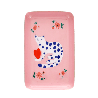 Rectangular pink trinket tray with cat design 