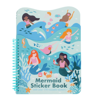Spiral-bound mermaid sticker book with colourful underwater scenes, fish, and mermaids.