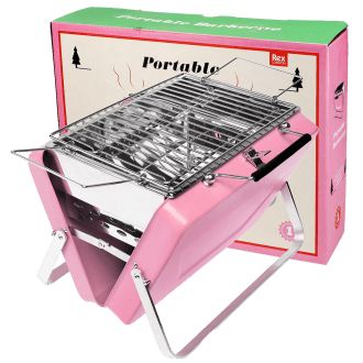 Pink portable barbecue and retail box