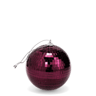 disco ball covered in reflective plum purple tiles, with a string attached at the top for hanging.