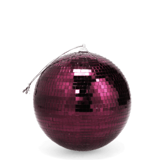 disco ball covered in reflective plum purple tiles, with a string attached at the top for hanging.