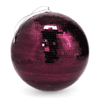 disco ball covered in reflective plum purple tiles, with a string attached at the top for hanging.