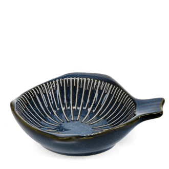 Blue ceramic fish-shaped dish with striped pattern and handle