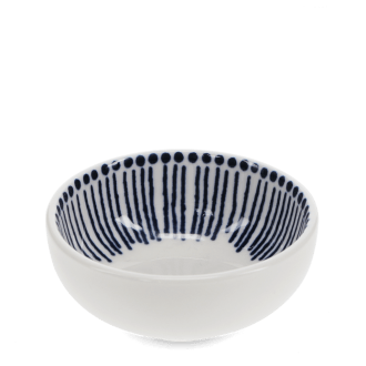 White ceramic bowl with blue vertical line pattern inside