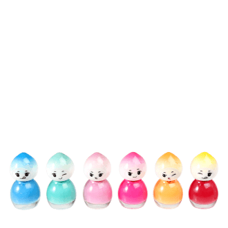 Six colourful doll‑shaped nail polish bottles with cartoon faces in a row.