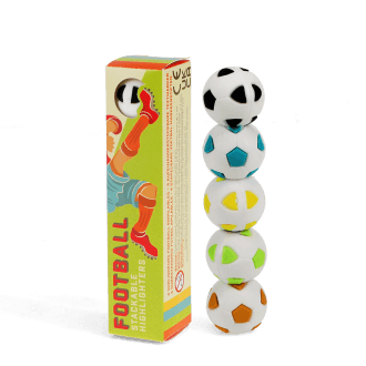 Stack of football-shaped highlighters next to colourful product box.