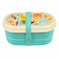 Turquoise kids bento box with cream lid and middle tray plus turquoise elastic strap featuring colourful illustrations of wild animals