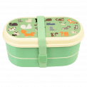 Light green kids bento box with cream lid and middle tray plus light green elastic strap featuring illustrations of cats