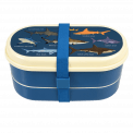 Dark blue kids bento box with cream lid and middle tray plus dark blue elastic strap featuring images of sharks