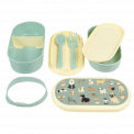 Bento box parts: base section with divider, tray with fork and spoon, middle tray, upper section, elastic strap and lid