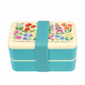 Turquoise adult bento box with cream lid and middle tray plus turquoise elastic strap featuring wild flower pattern