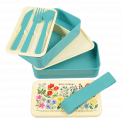 Bento box parts: tray with knife, fork and spoon, upper section with divider, middle tray, base section, lid and elastic strap
