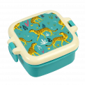 Turquoise plastic snack pot with cream and turquoise lid featuring illustrations of cheetahs