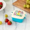 Turquoise plastic snack pot with cream lid featuring floral pattern