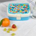 Light blue plastic lunch box with cream and light blue lid featuring print of butterflies amongst flowers