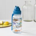 Medium size plastic water bottle for children with dark blue lid and carry loop handle featuring pictures of sharks