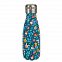 Small dark blue stainless steel water bottle with silver lid featuring fairies amongst flowers