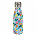 Small light blue stainless steel water bottle with silver lid featuring butterflies amongst flowers