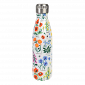 Medium size white stainless steel water bottle with silver lid featuring wild flower pattern