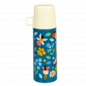 Small dark blue stainless steel flask with cream plastic cup featuring fairies amongst flowers