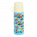 Small light blue stainless steel flask with cream plastic cup featuring butterflies amongst flowers