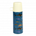 Small dark blue stainless steel flask with cream plastic cup featuring pictures of sharks