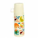 Small white stainless steel flask with cream plastic cup featuring colourful illustrations of wild animals