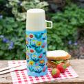 Small light blue stainless steel flask with cream plastic cup featuring butterflies amongst flowers