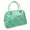 Turquoise oilcloth weekend bag with print of cheetahs