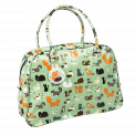 Light green oilcloth weekend bag with illustrations of cats