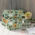 Light green oilcloth wash bag and makeup bag collection with illustrations of cats