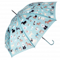 Blue green umbrella with illustrations of dogs open