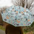 Light green umbrella with illustrations of cats used by person outside