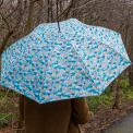 Light blue umbrella with print of butterflies amongst flowers used by person outside