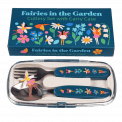Stainless steel fork and spoon with dark blue plastic handles featuring print of fairies and flowers in plastic carry case