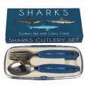 Stainless steel fork and spoon with dark blue plastic handles featuring pictures of sharks in plastic carry case