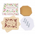 Components of flower press: press plates, sheets of card and paper, nuts and bolts