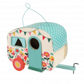 Wooden birdhouse in shape of caravan with print of butterflies and flowers