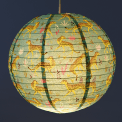 Paper lampshade with illustrations of cheetahs hung with light on shining through