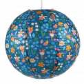 Paper lampshade with illustrations of fairies among flowers fully assembled and hung from light fitting