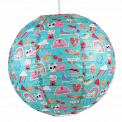 Paper lampshade with retro top banana print fully assembled and hung from light fitting