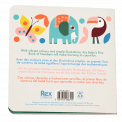 First book of numbers back cover with colourful graphics of wild animals