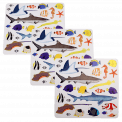 3 sheets with stickers of ocean creatures: sharks, rays, fish, etc.