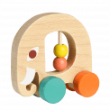 Multi-coloured wooden push along toy in shape of elephant with four wheels and two movable beads