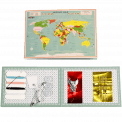 Shirt repair kit with card sleeve with vintage style world map print closed and open