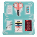 Sewing kit components: buttons, scissors, popper studs, safety pins, threads, needle threader and needles