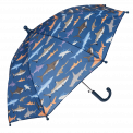 Children's umbrella in dark blue with sharks print open