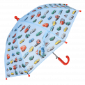 Children's umbrella in light blue with vintage cars trucks buses print open